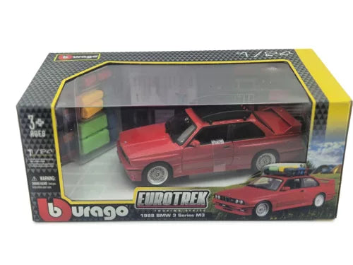 BMW M3 E30 1988 rosu cu portbagaj deasupra si bagaje - 1/24 Bburago
