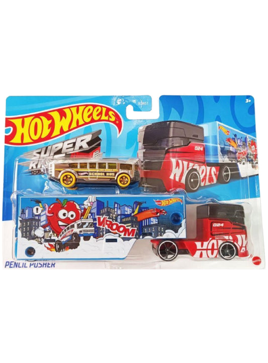 Camion Pencil Pusher Super Rigs cu masinuta - 1/64 Hot Wheels