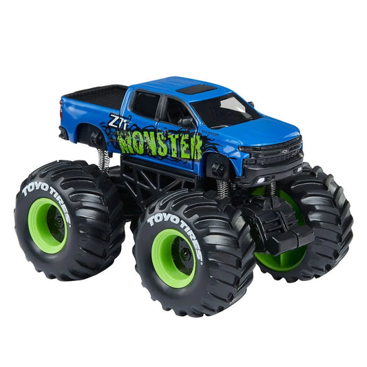 Monster Truck Earth Shockers 12cm Chevrolet albastru/verde pullback Fresh Metal - Maisto