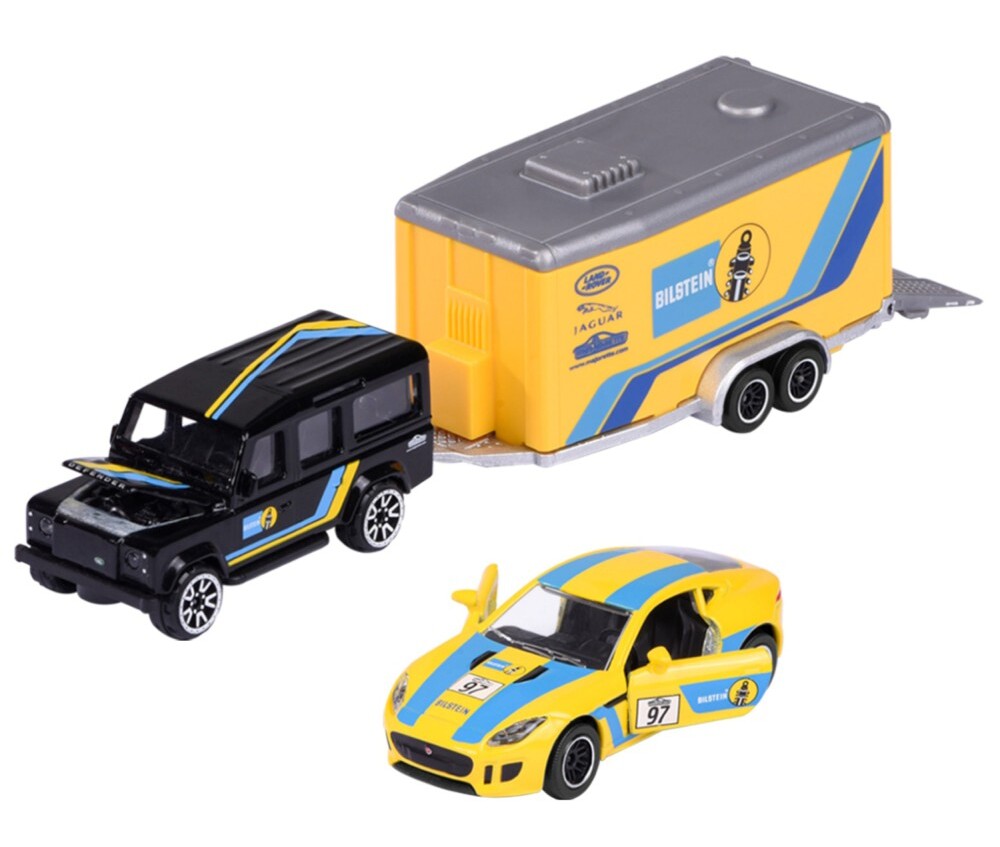 Set Masinuta Land Rover Defender 110 , Jaguar F-Type cu remorca - 1/64 Majorette