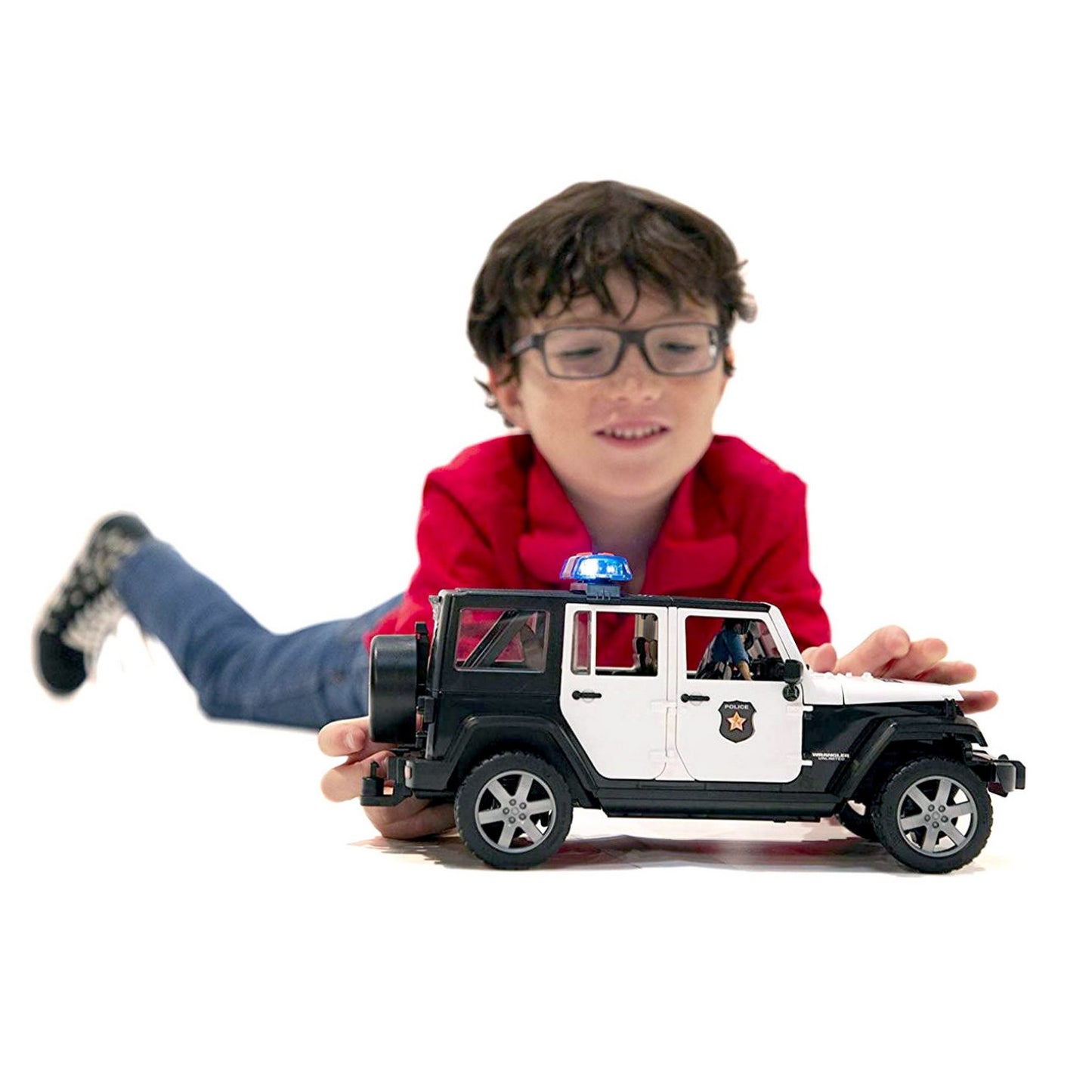 BRUDER 02526 - Masina de politie Jeep Wrangler Rubicon si figurina politist