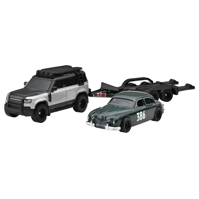 Set 2 masinute Nissan Jaguar MK1 si Land Rover Defender 110 2023 - 1/64 Hot Wheels Premium