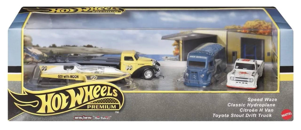 Set 4 machete Speed Waze,Classic Hydroplane,Citroen H Van si Toyota Stout Drift Truck - 1/64 HW Premium