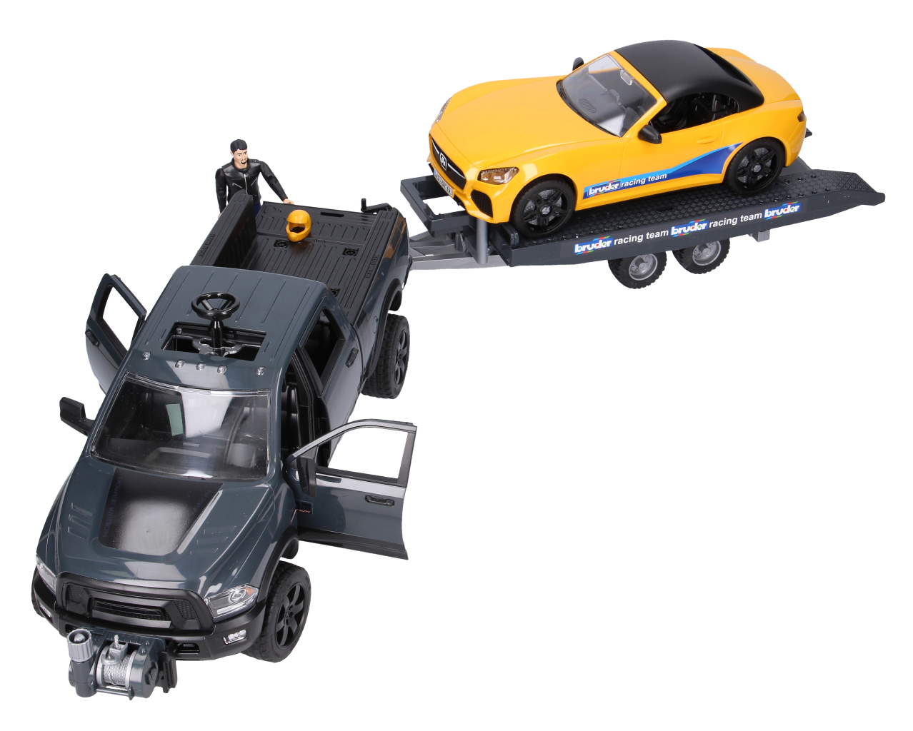 BRUDER 02504 - RAM 2500 Power Wagon cu trailer si masinuta roadster