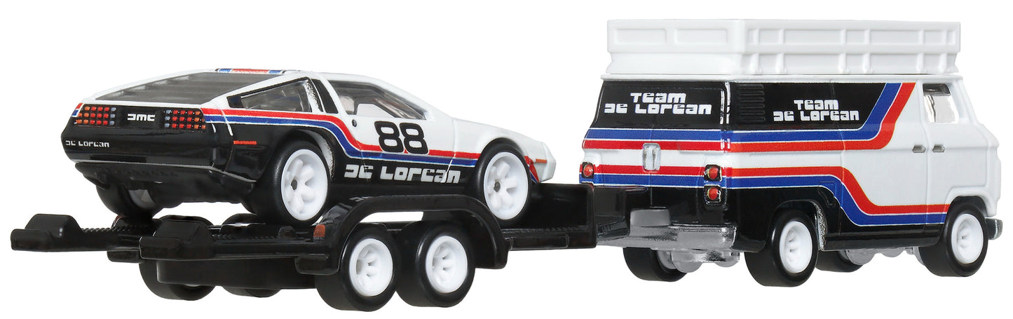 Set  2 machete cu remorca Hw Rally Hauler si DMC Delorean - 1/64 Hot Wheels Premium