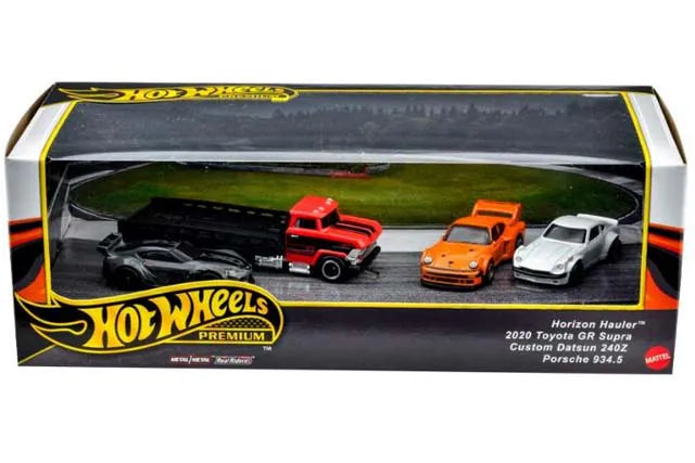 Set 4 masinute Horizon Hauler, Toyota GR Supra,Custom Datsun 240Z si Porsche 934.5 - 1/64 Hot Wheels Premium