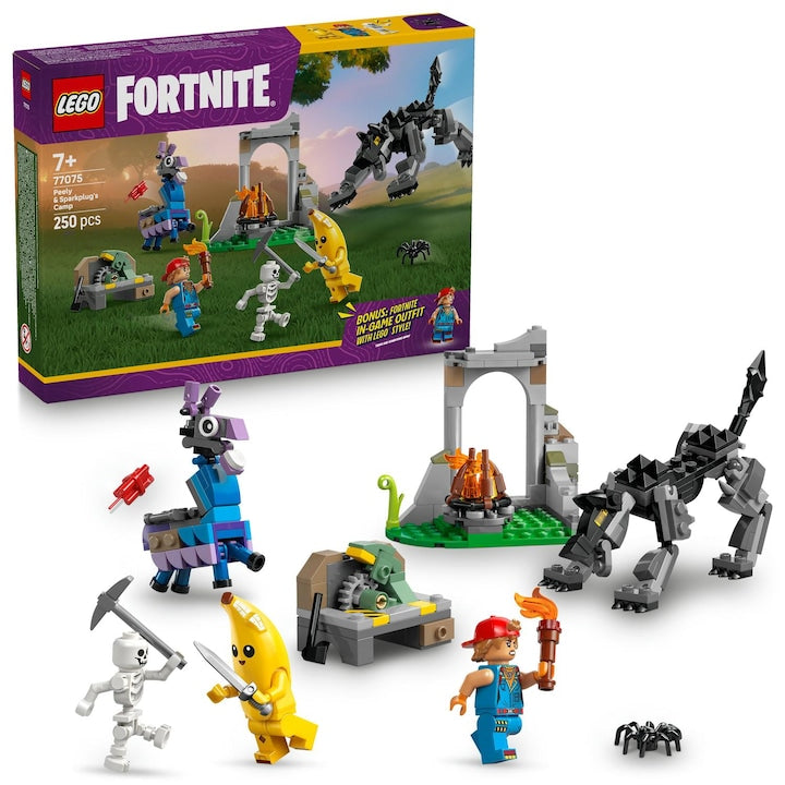 LEGO Fortnite 77075 - Tabara lui Peely si Sparkplug (250 piese)