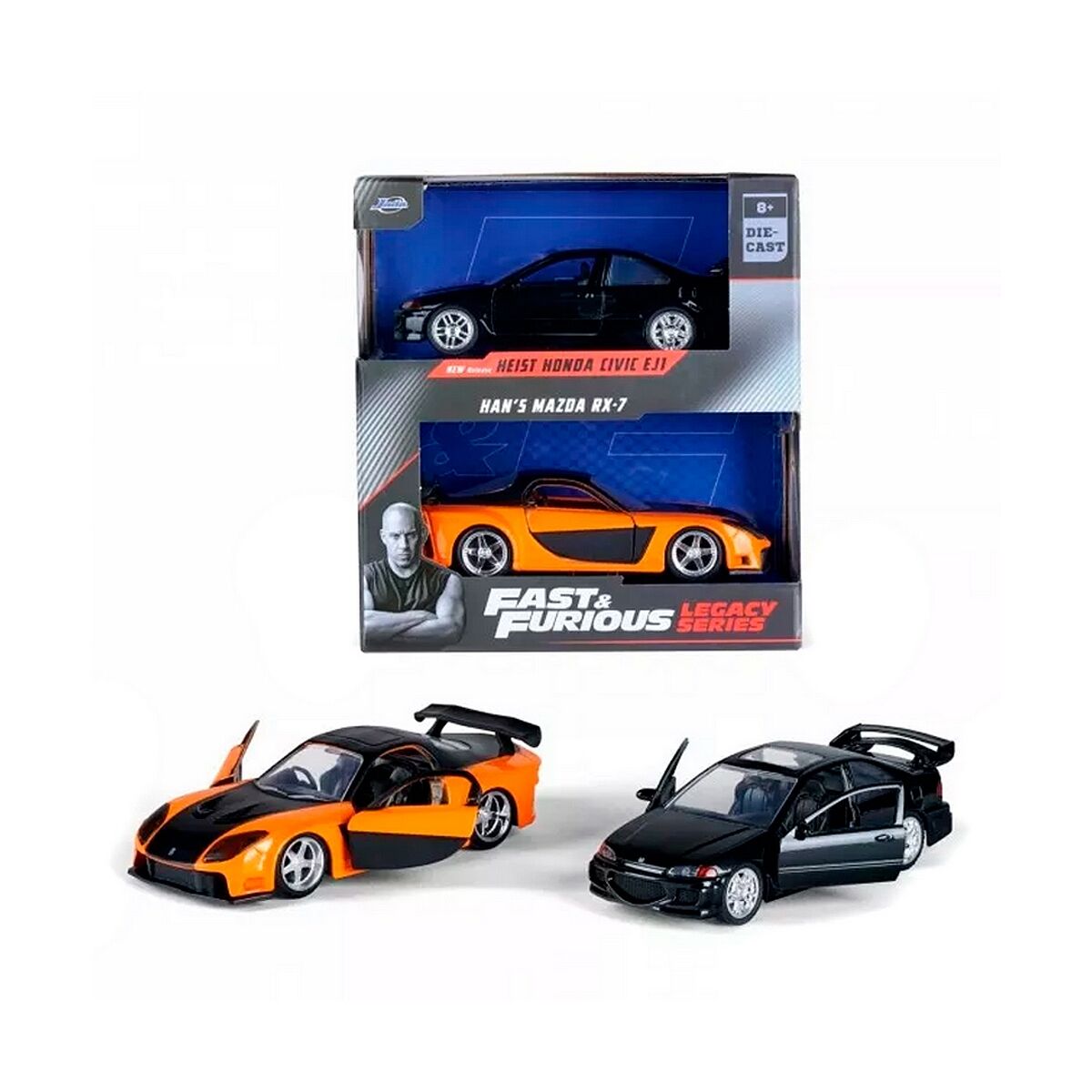 Set 2 masinute metalice Fast and Furious - Honda Civic si Mazda RX7 - 1/32 Jada