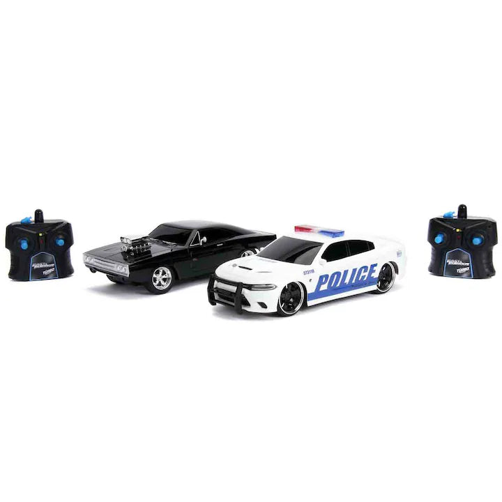 Set 2 masinute Jada Toys RC - Fast and Furious -  Dom's Dodge Charger R/T si Dodge Charger SRT Hellcat Police 1/16