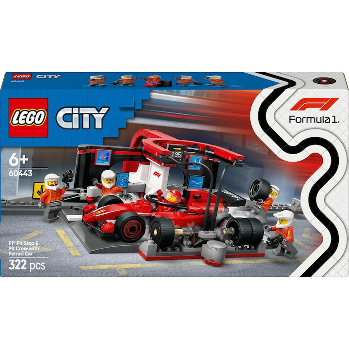 LEGO City 60443 - Boxa si mecanici F1 cu masina Ferrari (322 piese)