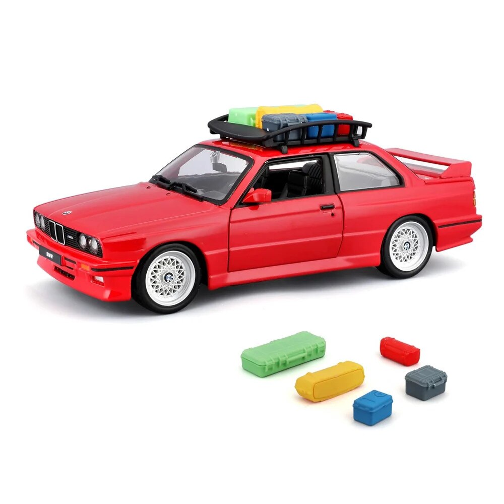 BMW M3 E30 1988 rosu cu portbagaj deasupra si bagaje - 1/24 Bburago