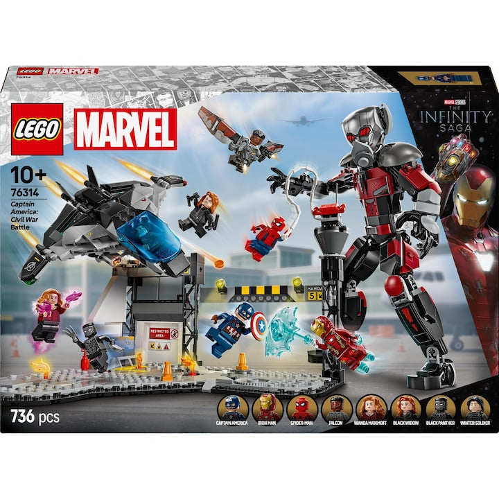 LEGO Marvel 76314 - Batalia plina de actiune din Capitanul America: Razboi civil (736 piese)