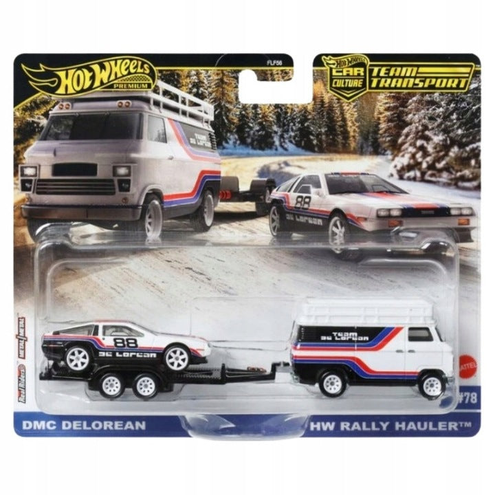 Set  2 machete cu remorca Hw Rally Hauler si DMC Delorean - 1/64 Hot Wheels Premium