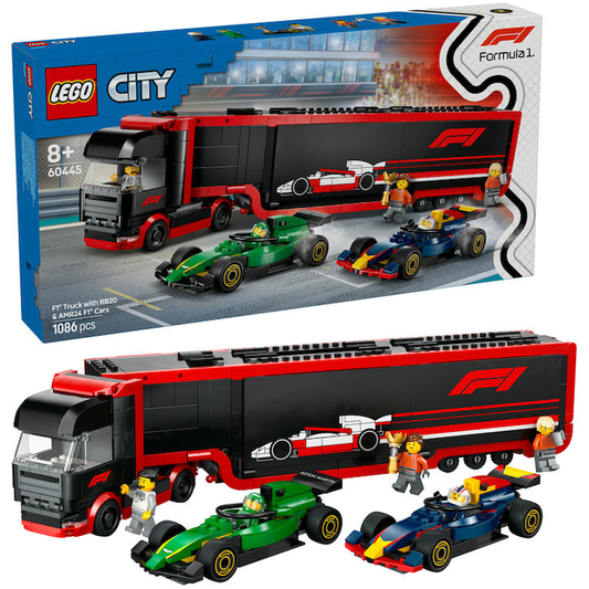 LEGO City 60445 - Camion F1 cu masinile F1 RB20 si AMR24 (1086 piese)