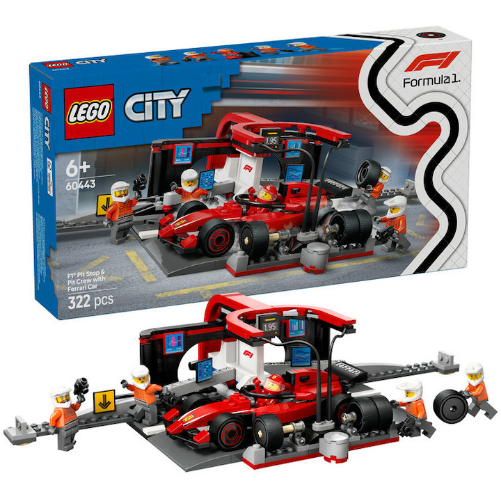 LEGO City 60443 - Boxa si mecanici F1 cu masina Ferrari (322 piese)