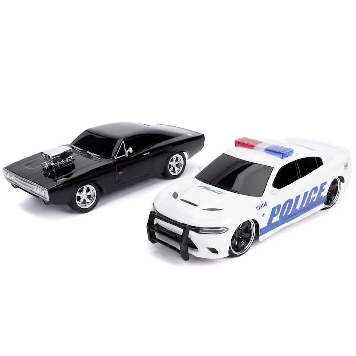 Set 2 masinute Jada Toys RC - Fast and Furious -  Dom's Dodge Charger R/T si Dodge Charger SRT Hellcat Police 1/16