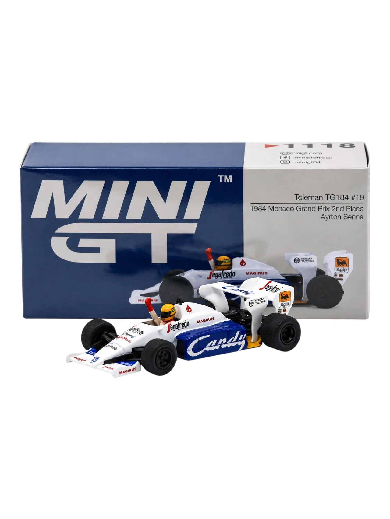 Formula 1 Toleman TG184 #19 1984 Monaco Grand Prix 2nd place Ayrton Senna - 1/64 Mini GT