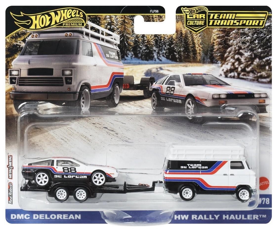 Set  2 machete cu remorca Hw Rally Hauler si DMC Delorean - 1/64 Hot Wheels Premium