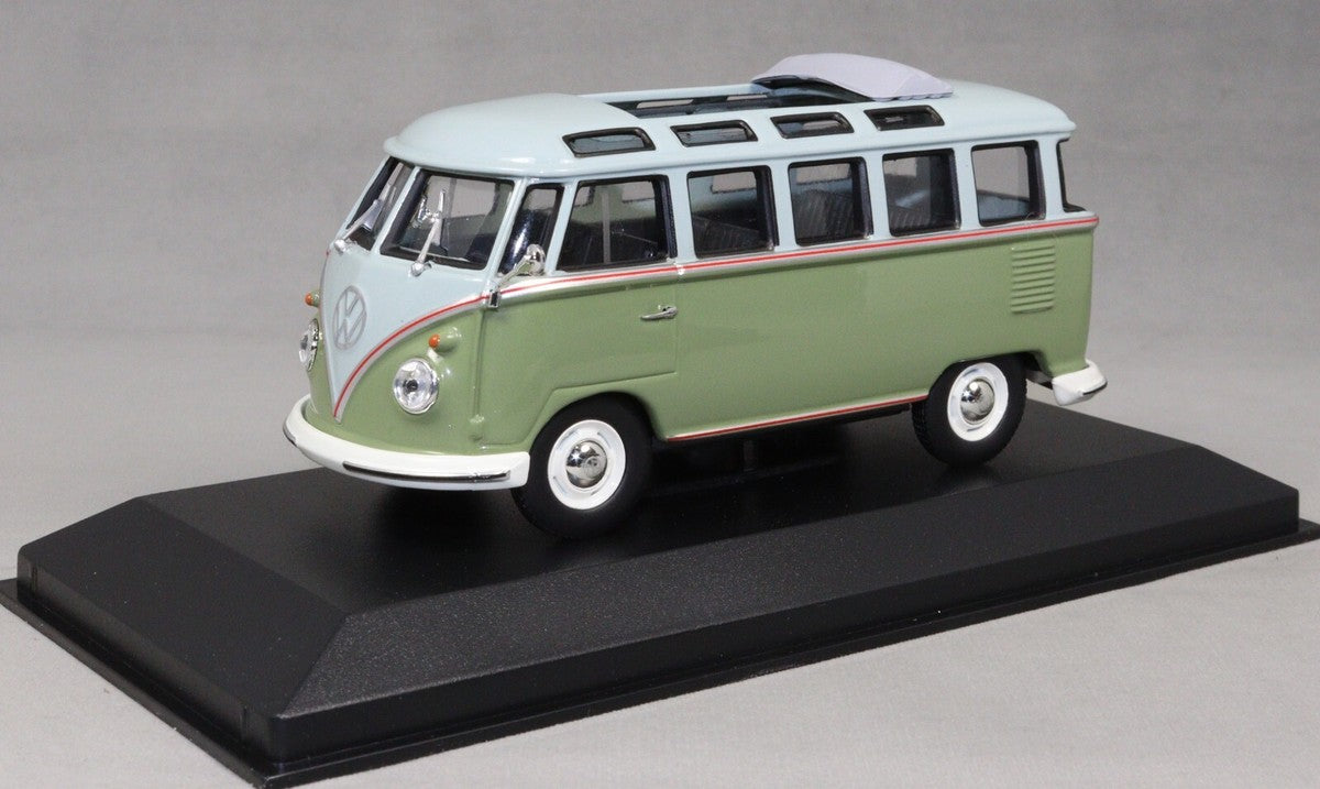 Volkswagen T1 Samba bus gri/verde cu vitrina plexiglass - 1/43 Maxichamps