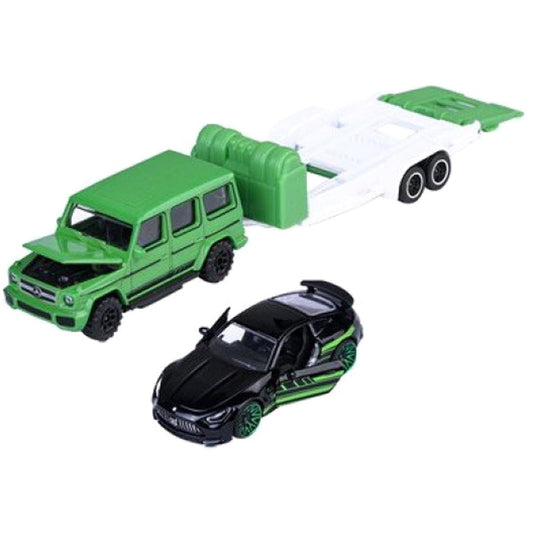 Set 2 masinute Mercedes-AMG G63 si Mercedes-AMG GT 63 cu remorca - 1/64 Majorette