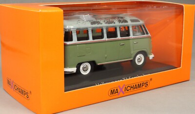 Volkswagen T1 Samba bus gri/verde cu vitrina plexiglass - 1/43 Maxichamps