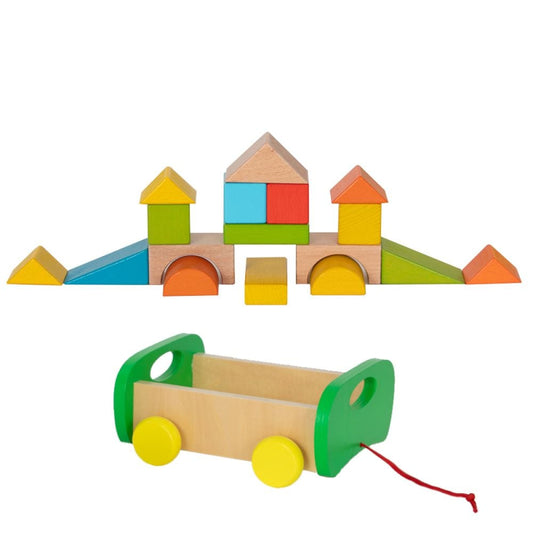 Jucarie de tras din lemn si cuburi de construit - Woody