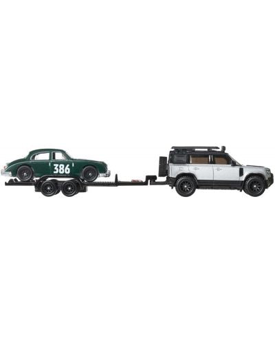 Set 2 masinute Nissan Jaguar MK1 si Land Rover Defender 110 2023 - 1/64 Hot Wheels Premium