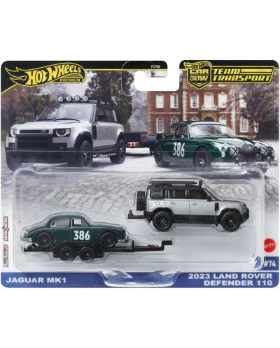Set 2 masinute Nissan Jaguar MK1 si Land Rover Defender 110 2023 - 1/64 Hot Wheels Premium
