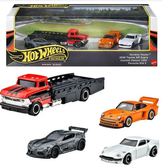 Set 4 masinute Horizon Hauler, Toyota GR Supra,Custom Datsun 240Z si Porsche 934.5 - 1/64 Hot Wheels Premium