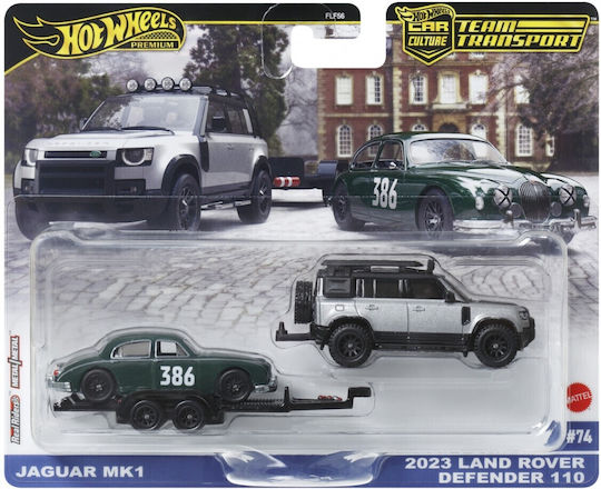 Set 2 masinute Nissan Jaguar MK1 si Land Rover Defender 110 2023 - 1/64 Hot Wheels Premium